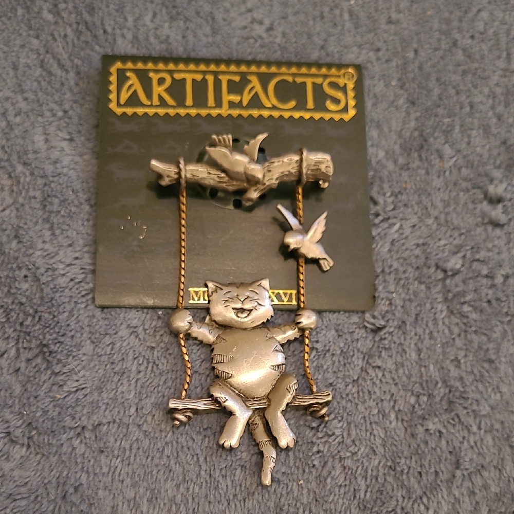 Artifacts Vintage JJ Jonette Signed Silvertone Cat On A Swing With Birds Brooch